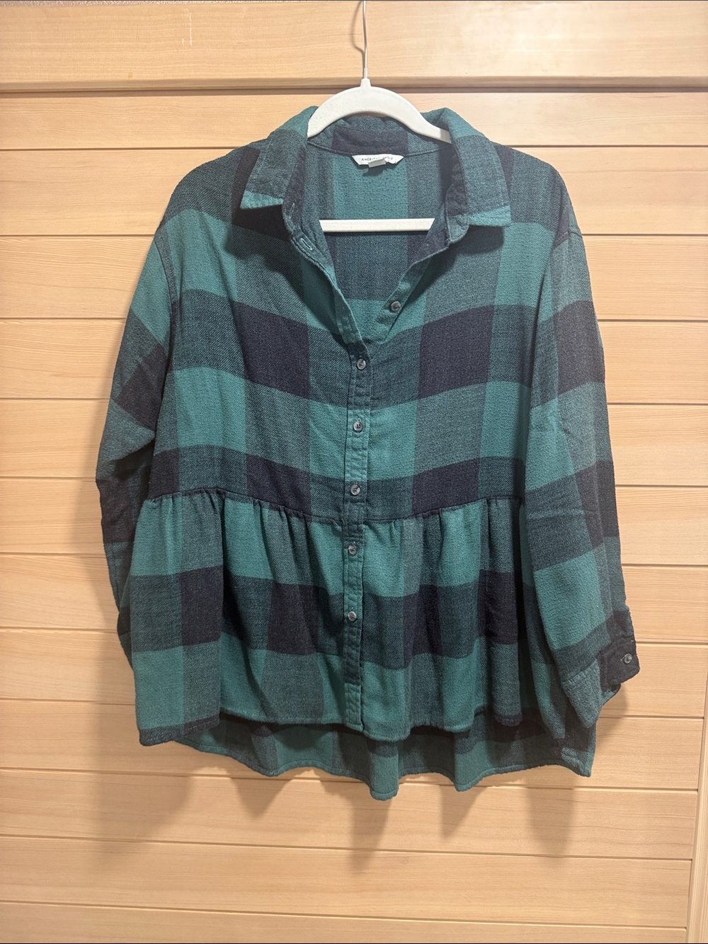 American Eagle Outfitters Green and Black Plaid Peplum Button-Down Shirt